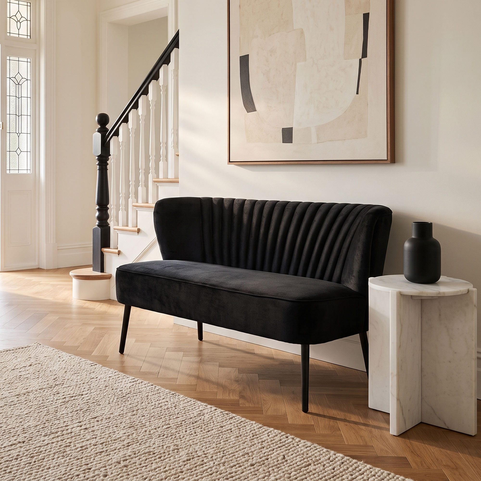 Black Two Seater, White Marble Side Table