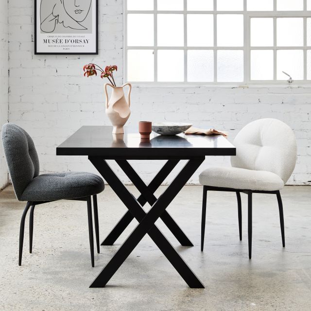 Match style and function with our contemporary rounded design dining chairs. The Cleo dining chair is availably in a variety of generously upholstered fabrics, finished in a durable black metal leg.#diningchairs #homedecor #diningchair #darcyandduke