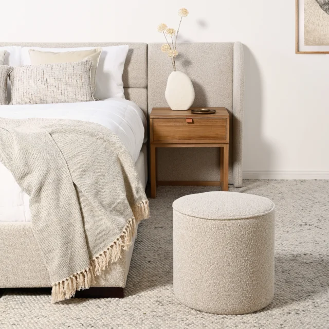 Experience contemporary elegance with the Baxter Bed. The sleek aesthetic is highlighted by a lowered headboard complimented by expansive wings. Luxuriously padded, the headboard ensures comfort and support.#Bedroomfurniture #bedsidetables #ottoman #interiors #relax #interiorstyling