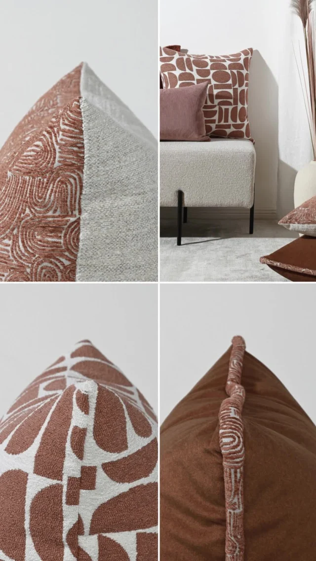Combine musky pinks with rusty hues in a satisfying mocha tone pallet. Tactile textures embolden the colours with the confidence to blend effortlessly. #designercushions #cushions #darcyandduke #designtrove #mochacushions #featherfills