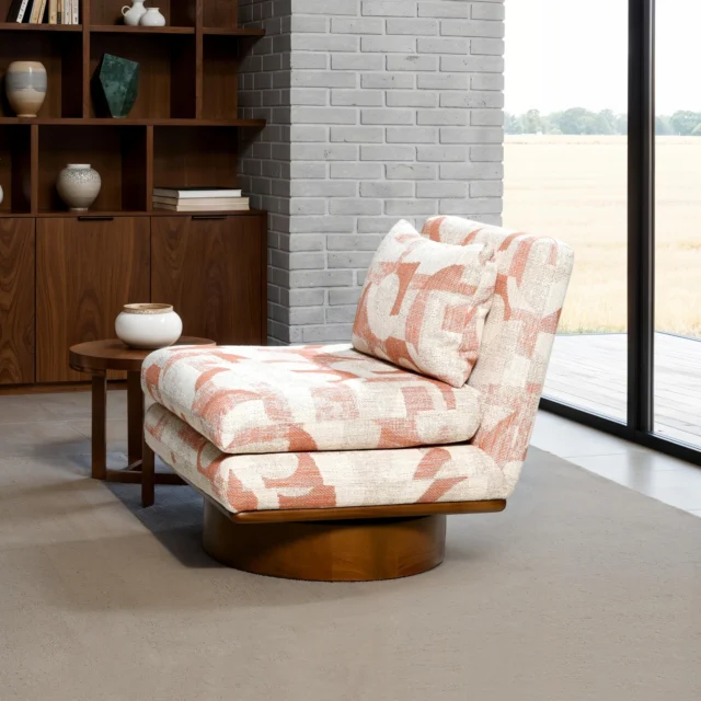 Effortless comfort meets sculptural style. The Aruba Swivel Chair in Belgian Terracotta is a refined lounge piece designed to elevate any interior with its contemporary form and inviting softness. Upholstered in a premium natural-toned fabric with bold terracotta geometric patterns, this chair offers both visual intrigue and timeless warmth.