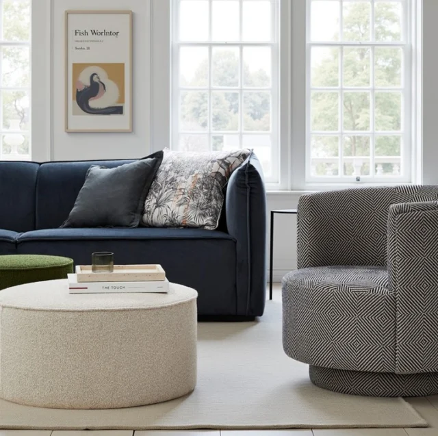 The Havana Swivel design is timeless and contemporary. It follows rounded clean lines, which result in a comfortable and versatile piece. It swivels on an upholstered base. The natural fabric is a woven jacquard of wheat and navy, which can present as grey in a complementary setting.