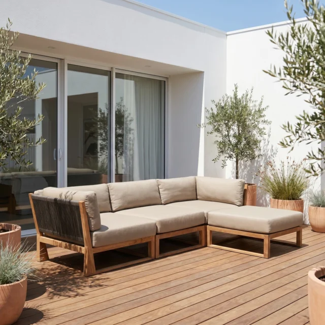 Crafted from solid teak wood and designed for ultimate flexibility, the Aru lets you create the perfect outdoor setting with modular corner, middle, and ottoman sections. Featuring sun- and rain-resistant cushions, it combines comfort, durability, and timeless style for effortless outdoor living.#OutdoorLiving #TeakFurniture #ModularLounge #OutdoorDesign #PatioInspiration #GardenFurniture
